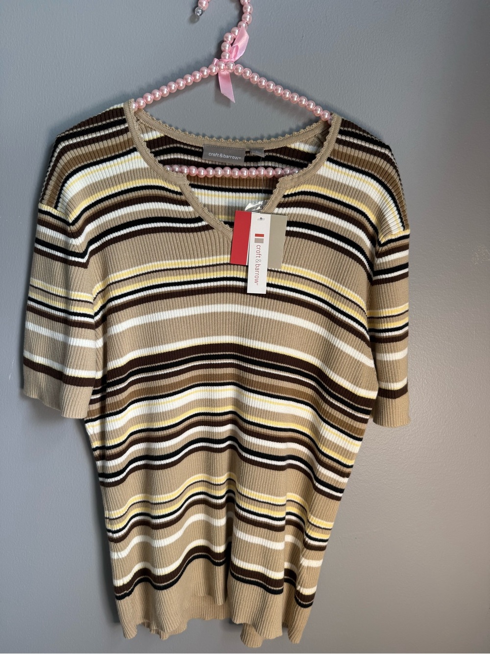croft & barrow Beige Striped Short-Sleeve Knit Top NWT
